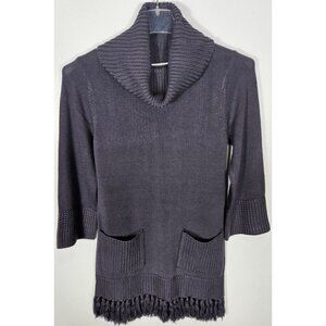 Soft Surroundings Women's Size XS Gray Tunic Sweater Fringe 3/4 Sleeve High Neck